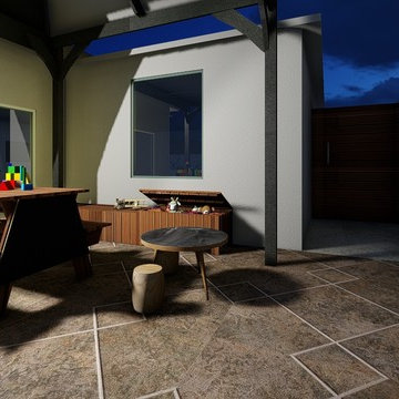Backyard design with: patio enclosure, fire pit, playground & spa.