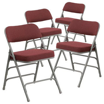 Set of 4 Folding Chair, Pin Dotted Fabric Upholstered Seat & Backrest, Burgundy