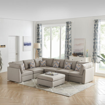 Amira 120.5" Fabric Reversible Modular Sectional Sofa with Ottoman and Pillows
