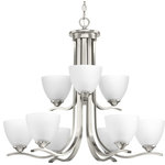 Progress Lighting - Laird 9-Light Chandelier - The Laird collection provides a contemporary complement to casual interiors popular in today's homes. Glass shades add distinction and provide pleasing illumination to any room, while scrolling arms create an airy effect. Uses (9) 100-watt medium bulbs (not included).