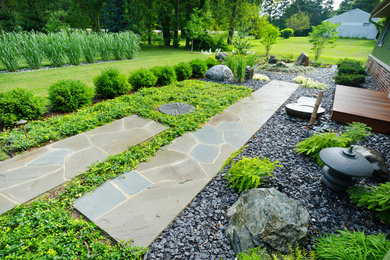 Design ideas for a mid-sized asian front yard garden in Milwaukee with natural stone pavers and a garden path.