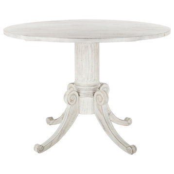 Classic Dining Table, Carved Pedestal Base & Top With Drop Leaf, Antique White