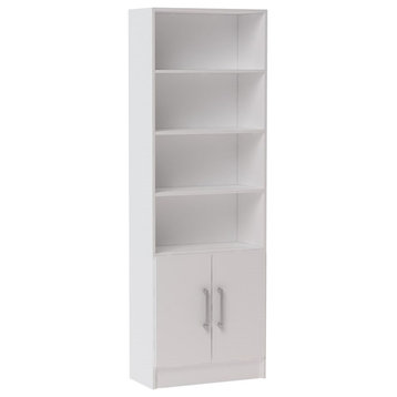 Bowery Hill 5-Shelf & 2-Door Mid-Century Wood Bookcase in White
