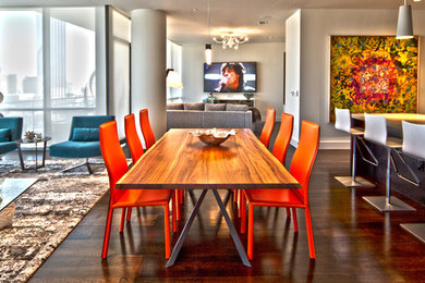 Large minimalist dark wood floor kitchen/dining room combo photo in Dallas with beige walls