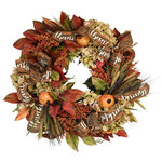 Creative Displays and Designs - 30" Wreath with Fall Colors - Wreath with leaves, "thankful" ribbon, orange pomegranate, wheat, red/orange heather, tan hydrangea arranged in a wreath