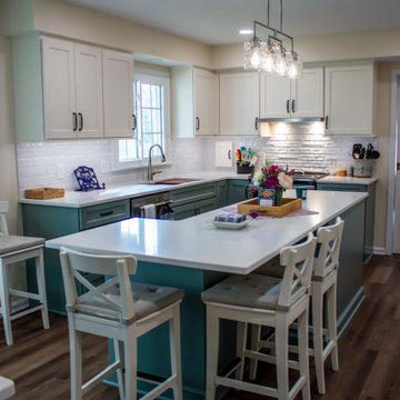 Custom Two-Toned Green and Cream White with Laventa Carrara Quartz Countertops