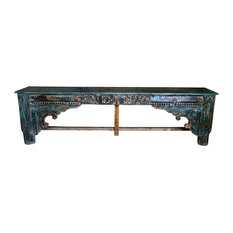 Consigned Blue Antique Hand Carved Console Table/Hall Table Floral Design