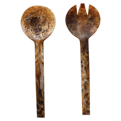 Resin Salad Servers With Matte Marble Finish, Brown, Set of 2