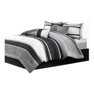 Beige Black White Pintuck Striped 7pc Comforter Set Twin Full Queen Cal  King Bed