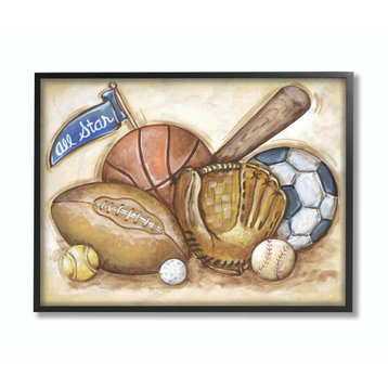 Stupell Industries All Star Multi Sport On Brown Background, 24"x30", Black