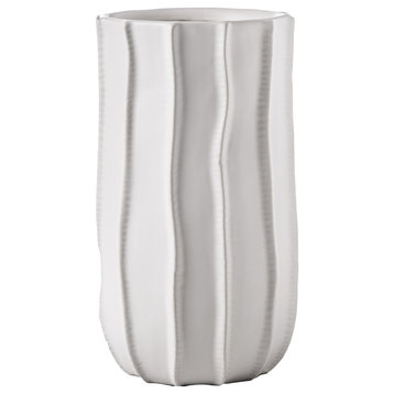 10" Ceramic Vase with Embossed Line Column Pattern Matte White Finish, Small