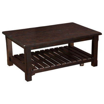 Rustic Coffee Table, Top and Slatted Shelf With Rough Saw Marks, Espresso