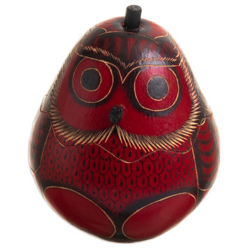 Novica Handmade Paunchy Red Owl Dried Mate Gourd Decorative Box
