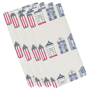 19"x19" Multi Beach Hut, Stripe Print Napkins, Set of 4, Ivory