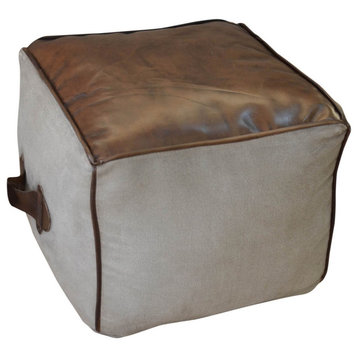 Rectangular Canvas Leather Pouf Nara With Leather Accents