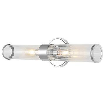 Cecil Tall Cylinder Iron/Striped Glass Modern LED Vanity, Chrome, 2-Light