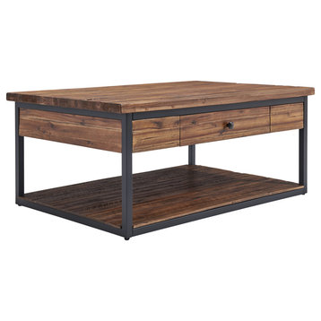 Claremont 48"L Rustic Wood Coffee Table, Drawer and Low Shelf