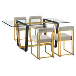 Armen Living - Kai Anastasia Glass Dining Table 5-Piece Set, Gold Brushed, Gray Fabric - Give a sophisticated upgrade to your dining area with the Kai Anastasia Dining Set by Armen Living. This set includes 1 Kai Rectangular Glass Dining Table with Metal base and 4 Anastasia Upholstered Dining Chairs. The crisp and clean-lined design of our dining set offers modern drama and elegance. The rectangular, glass tabletop beautifully balances on a streamlined metal base. The sharp angles and contrasting finishes lend a touch of polish and definition to our dining table. It serves as a brilliant complement to our Anastasia dining chairs. The Anastasia's cushioned backrest and padded seat showcase a neat channeling detail that provides texture for a chic and inviting look. Creating a beautiful contrast with the sleek frame and comfortable cushions, these dining chairs are set to make a stylish impact. The chair is upholstered in performance fabric or smooth faux leather to offer easy care and maintenance. Together, this dining set can bring an elevated tone to your kitchen, dining room, or living space. It serves as the perfect spot to enjoy dinners, engaging conversations, and activities. With sturdy construction and high-quality materials, our dining set will continue to bring style and comfort to your home. The Kai Anastasia 5 Piece Rectangular Glass Dining Table Set is available in matching finishes and a variety of colors, or sold separately to achieve any look you desire.