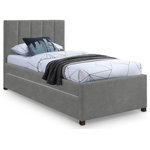 Meridian Furniture - Hudson Beige Faux Leather Twin Trundle Bed, Gray - Maximize space in the bedroom with this Hudson grey vegan leather twin trundle bed. Crafted from soft grey premium vegan leather, it's not only luxurious but also water-resistant and anti-scratch, ensuring long-lasting beauty. The channel-tufted headboard adds a handsome aesthetic, and the rolling trundle bed up to an 8" thick twin mattress, providing space for sleepover guests. This is the perfect bed for shared bedrooms, kids' rooms, teen bedrooms, and dorm rooms.