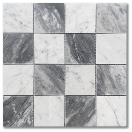 Carrara White Bardiglio Gray Marble 3x3 Checkerboard Mosaic Tile Honed, 1 sheet