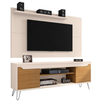 Retro TV Stand, Display Shelves and Cabinets With Wall Panel, Off White/Cinnamon