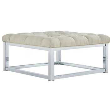 Unique Coffee Table/Ottoman, Chrome Base, Button Tufted Fabric Seat, Light Gray, Beige