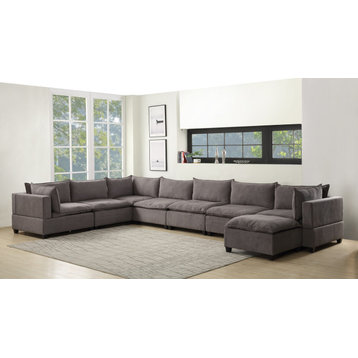 Madison Fabric Down Feather 8 Piece Modular Sectional Sofa Chaise, Light Gray