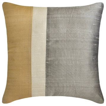Gold & Grey Silk Color Block Patchwork 18"x18" Pillow Cover - Splendour Gold