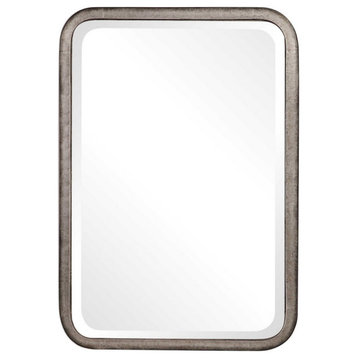 Rustic Rounded Mirror in Galvanized Iron Frame Exposed Weld Tacks and Burnished