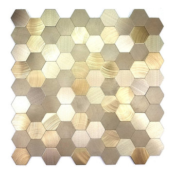 Peel & Stick 1.3125 in x 1.3125 in Brushed Aluminum Metal Hexagon Mosaic in Gold
