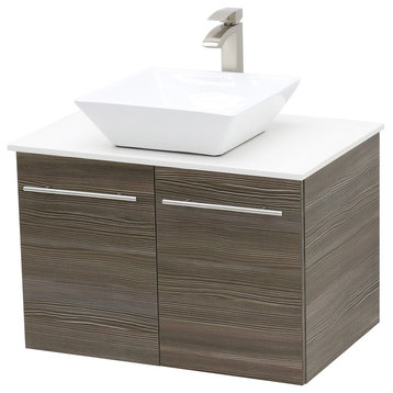30" Wall Mount Vanity, White Stone Countertop, Taupe Grey