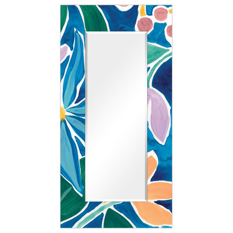 Blue Rectangular Beveled Mirror on Free Floating Printed Tempered Art Glass