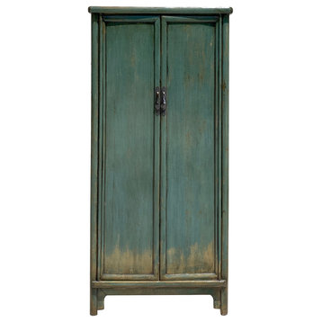Oriental Distressed Pastel Moss Green Lacquer Slim Storage Cabinet Hcs6125