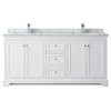 Avery 72" White Double Vanity, Carrara Marble Top, Square Sinks, No Mirror