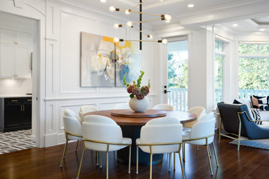 Dining room - transitional dark wood floor, brown floor and wall paneling dining room idea in Vancouver with white walls