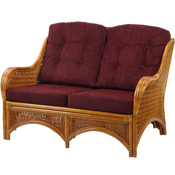 Jam Lounge Love Seat Sofa Natural Rattan Wicker, Handmade, Dark Brown Cushions
