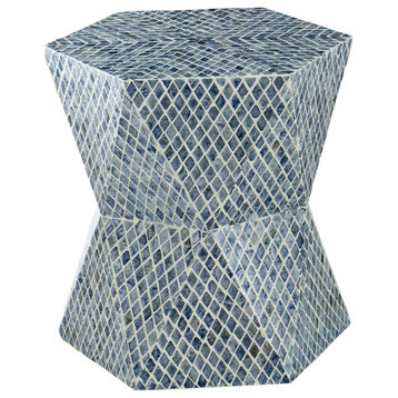 Hexagon Tapered Pedestal Ottoman or Stool, Blue