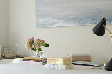 Mid-sized transitional freestanding desk medium tone wood floor and brown floor study room photo in DC Metro with beige walls