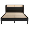 Gewnee Modern Cannage Rattan Wood Platform Queen Bed in Black