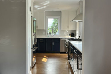 Mid-sized transitional l-shaped kitchen photo in DC Metro with an undermount sink, shaker cabinets, blue cabinets, quartzite countertops, white backsplash, stainless steel appliances and white countertops