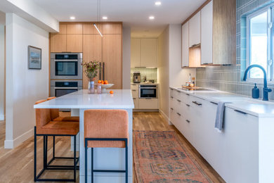 Kitchen - contemporary medium tone wood floor and brown floor kitchen idea in Denver with an undermount sink, green backsplash, porcelain backsplash and stainless steel appliances