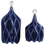 Uttermost - Klara Bottles, Set of 2 - Modern style emanates from this set of decorative ceramic bottles with an embossed geometric pattern finished in a glossy cobalt blue and accented with polished nickel and crystal finials. Sizes: Sm-8x13x8, Lg-8x17x8