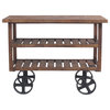 Golden Mango Wood Trolley Console With Shelves on Heavy Iron Wheels