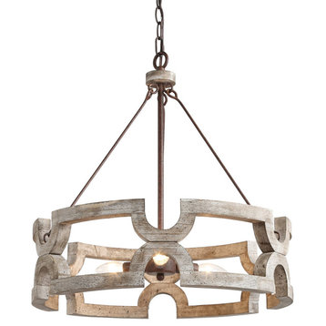 LNC 3-Light Farmhouse Drum Distressed White Wood and Metal Dimmable Chandelier