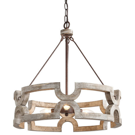 LNC 3-Light Farmhouse Drum Distressed White Wood and Metal Dimmable Chandelier