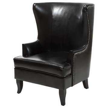 Traditional Accent Chair, Bonded Leather Seat With Wingback and Nailhead, Black