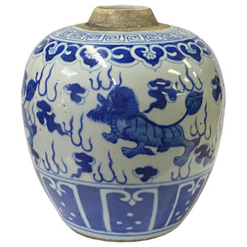 Oriental Handpainted Foo Dog Small Blue White Porcelain Ginger Jar Hws2326