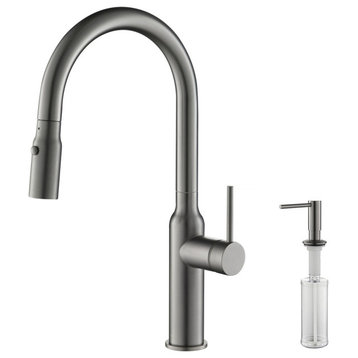 KIBI Hilo Single Handle Pull Down Kitchen Faucet, Titanium, W/ Soap Dispenser