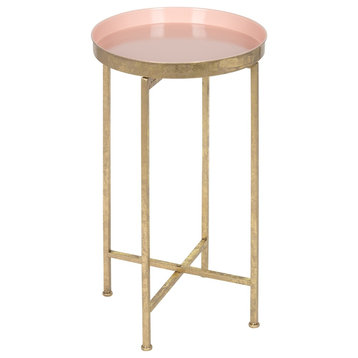 Kate and Laurel Celia Round Metal Foldable Tray Accent Table, Gold and Pink
