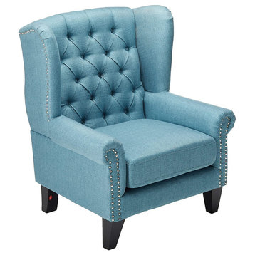 Traditional Accent Chair, Blue Fabric Upholstery With Button Tufted Wingback